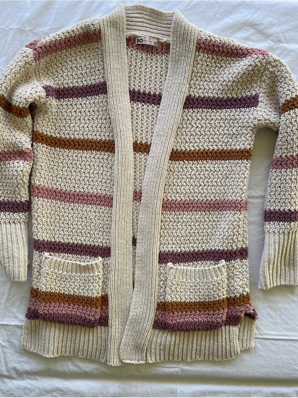 SO Cream Open-Front Cardigan with Pink, Brown, and Mauve Stripes